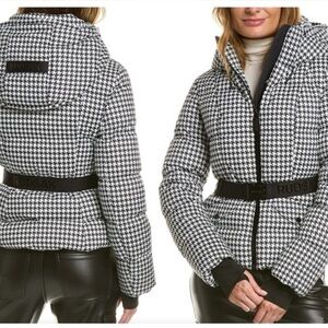 RUDSAK Black and White Houndstooth Down filled Leather Accents Puffer Jacket